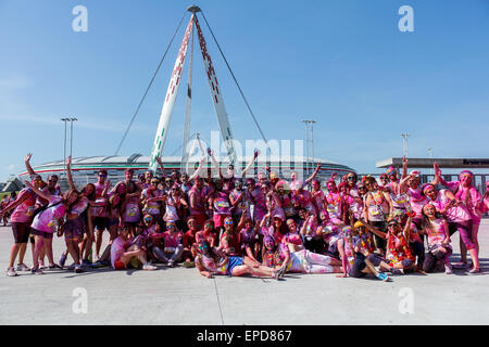 Turin, Italy. 16th May, 2015. A large group of participants in the Color Run in front of the Juventus Stadium. Credit:  Elena Aquila/Pacific Press/Alamy Live News Stock Photo