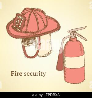 Sketch fire helmet and extinguisher in vintage style, vector Stock Vector