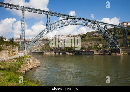 Maria Pia Bridge in Porto, Portugal, wrought iron railway arch bridge over Douro river, opened in 1877, Gustave Eiffel design. Stock Photo