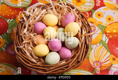 Easter Egg in Basket. Colourful Holliday eggs Stock Photo