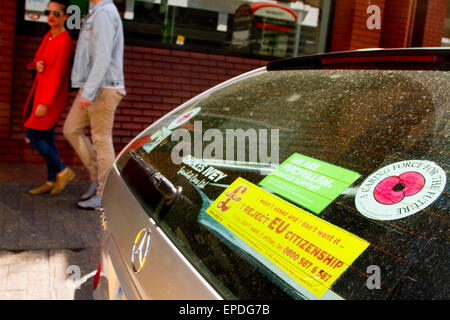 Wimbledon London,UK. 17th May 2015. A car sticker for (UKIP) United Kingdom Independence Party  that rejects EU Citizenship. Prime Minister David Cameron has promised to hold a referendum on Britain's membership of the EU if the Conserative Party won the general electio Credit:  amer ghazzal/Alamy Live News Stock Photo