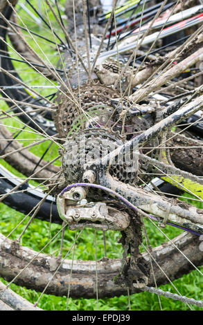 Row of rear mountain bike wheels suspended on stand and dirty after a ride in muddy surface Stock Photo