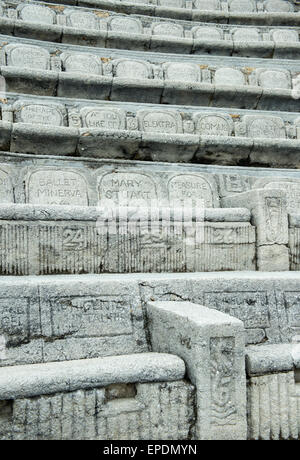 Detail of the seats at the open air Minack Theatre near Porthcurno in Cornwall, England, UK Stock Photo