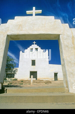 The Catholic church at Laguna Indian Pueblo in New Mexico is dedicated to Saint Joseph and was built in 1699.  San Jose Mission is built in the early Pueblo – style architecture, and was constructed of field stone, adobe, mortar, and plaster. Stock Photo