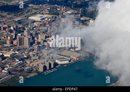 Aerial view Detroit, Michigan with the Detroit River. Stock Photo