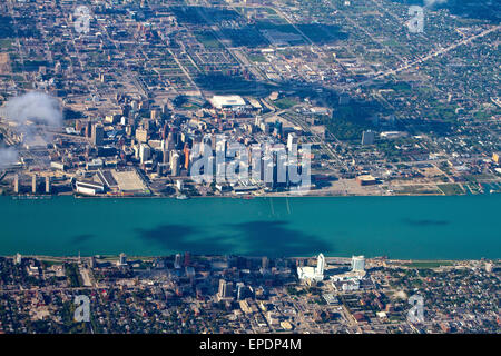 Aerial view Detroit, Michigan with the Detroit River. Stock Photo