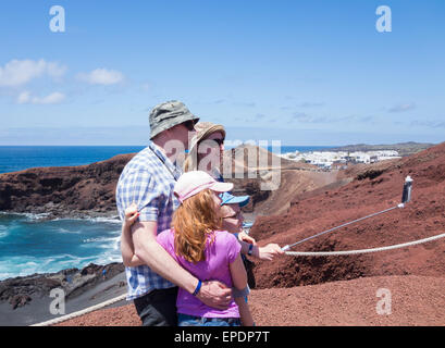 Family taking holiday selfie on Lanzarote, Canary Islands, Spain Stock Photo