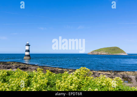 Lighthouse and Puffin Island from Penmon Point,  Anglesey, Wales, UK Stock Photo