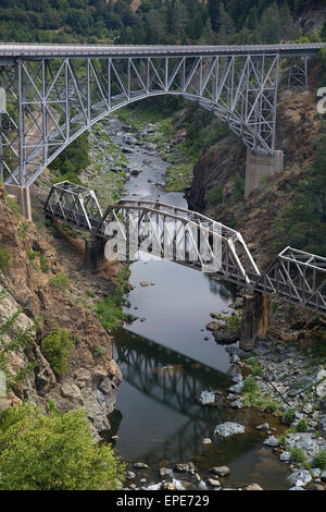 Feather River Canyon Road and Railway Bridges Stock Photo