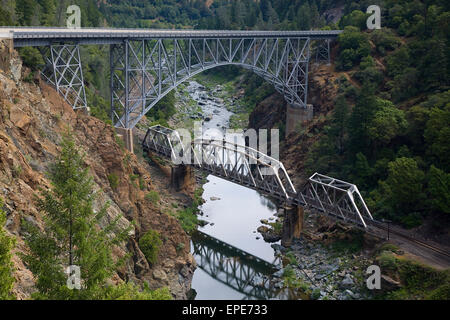 Feather River Canyon Road and Railway Bridges Stock Photo