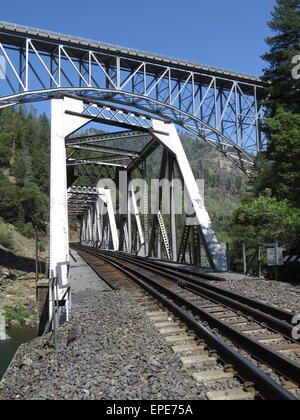 Feather River Canyon Road and Railway Bridges Stock Photo