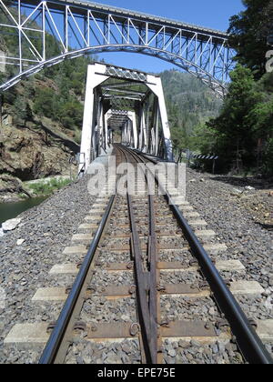 Feather River Canyon Road and Railway Bridges Stock Photo