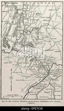 Map of the country between Chattanooga, Tennessee and Atlanta, Georgia during the USA Civil War Stock Photo