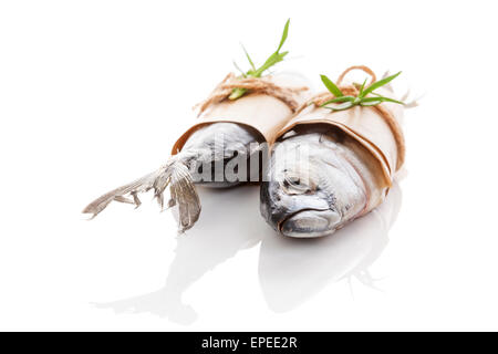 Two fresh mackerel fish isolated on white background. Culinary seafood eating. Stock Photo