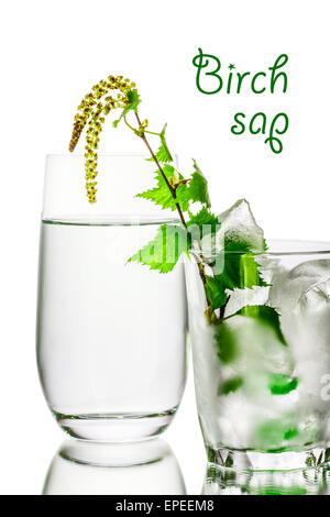 A glass of birch sap. Fresh, clean look. Birch juice in elegant highball glass decorated with tiny birch branch with leaves stan Stock Photo