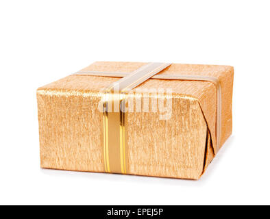 Beautiful  Gift boxes in gold wrapping paper isolated on a white background Stock Photo