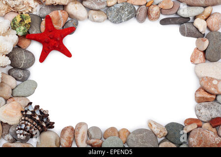 Red starfish and  multicoloured pebbles isolated on white background Stock Photo