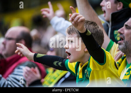 Young Norwich City Football fan celebrates a goal v Ipswich Stock Photo