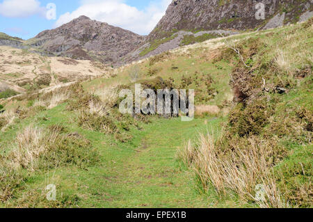 Tramway through Cwm Pennant to abandoned slate mine Llanfihangel Snowdonia National Park Wales Cymru UK GB Stock Photo