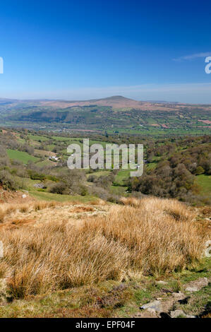 View looking across the Usk Valley to Sugarloaf Mountain, near Abergavenny, Brecon Beacons National Park, Wales, UK. Stock Photo