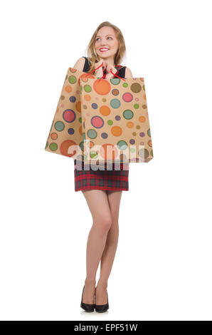 Woman after shopping spree on white Stock Photo