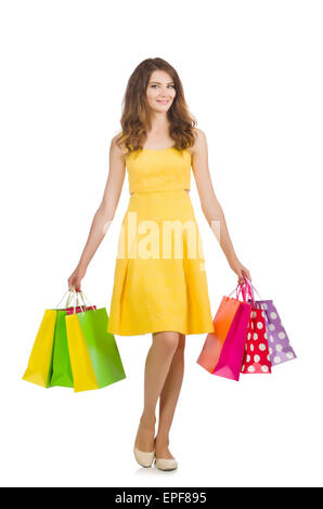 Woman after shopping spree on white Stock Photo