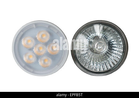 Philips LED 4.5W and DAR halogen GU10 50W 240V light bulbs isolated on a white background Stock Photo