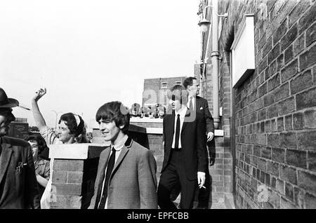 The Beatles in Liverpool for the Premier of a Hard Day's Night. George Harrison and Ringo Starr pictured here arriving in Liverpool, to be greeting by crows of screaming girls. 10th July 1964.