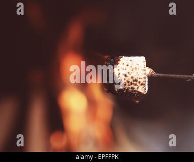 Close up of a marshmallow on a stick being roasted Stock Photo