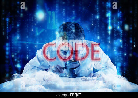 Code against lines of blue blurred letters falling Stock Photo