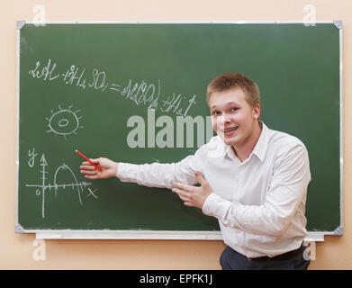 Student Boy Standing Near The Blackboard School Boy Point The Finger Near Blank Chalkboard