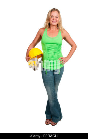 Woman construction worker with hard hat on white Stock Photo - Alamy