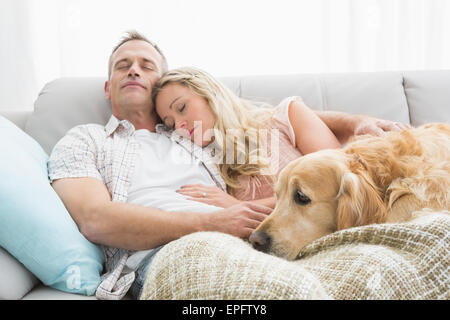 Loving couple napping on couch with their dog Stock Photo