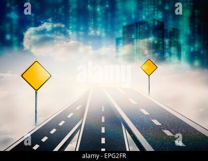 Composite image of road over clouds with road signs on it Stock Photo