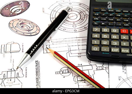 Scientific calculator, Pen and Pencil over the Engineering Drawing Map Stock Photo