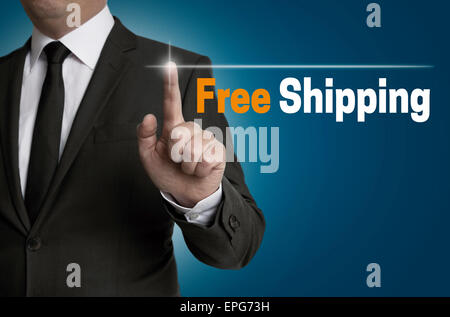 Freeshipping touchscreen is operated by businessman. Stock Photo