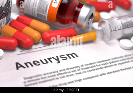 Diagnosis - Aneurysm. Medical Concept with Red Pills, Injections and Syringe. Selective Focus. 3D Render. Stock Photo
