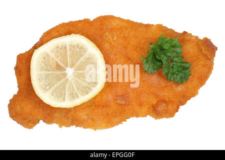 Paniertes Wiener Schnitzel mit Zitrone von oben Stock Photo