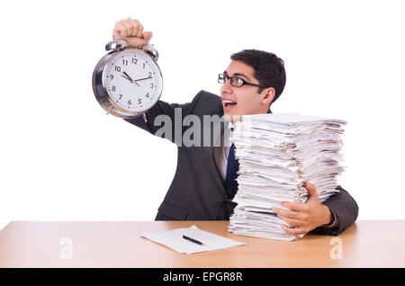 Busy man with stack of papers isolated on white Stock Photo