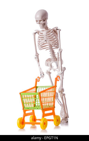 Skeleton with shopping cart trolley isolated on white Stock Photo