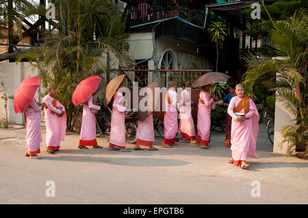A group of eight pink robed nuns collect alms in the early evening light in a village near Inle lake Myanmar Stock Photo