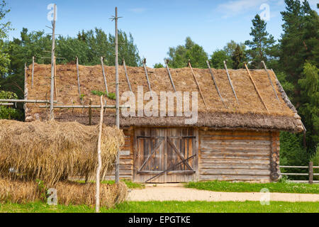 Russian rural wooden architecture example, outdoor hay drying near old wooden barn with locked gate Stock Photo
