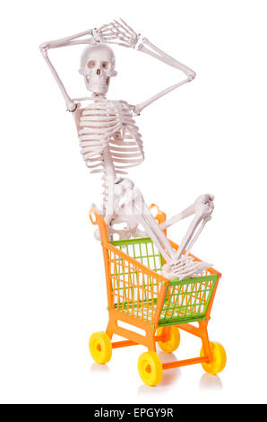 Skeleton with shopping cart trolley isolated on white Stock Photo