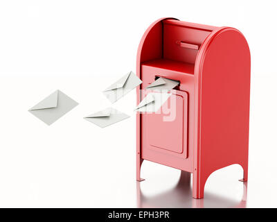 3d illustration. Red mail box with heap of letters. Isolated white background Stock Photo