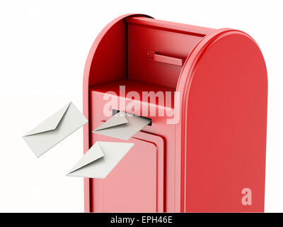 3d illustration. Red mail box with heap of letters. Isolated white background Stock Photo