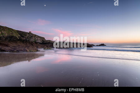 Night falls over Sharrow Beach a part of Whitsand Bay in Cornwall Stock Photo