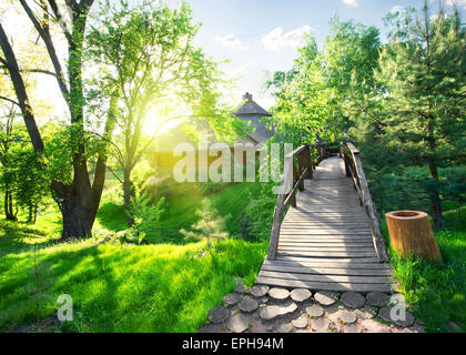 House of log and bridge in green park Stock Photo