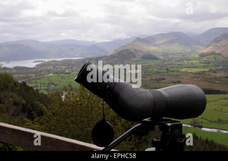A powerful telescope at the 'Ospreywatch' site at Dodd Wood, overlooking the River Derwent and Bassenthwaite. Stock Photo