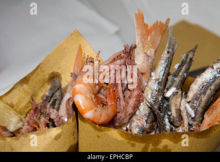 fish fry, with shrimps, squid and anchovies, frittura di pesce Stock Photo