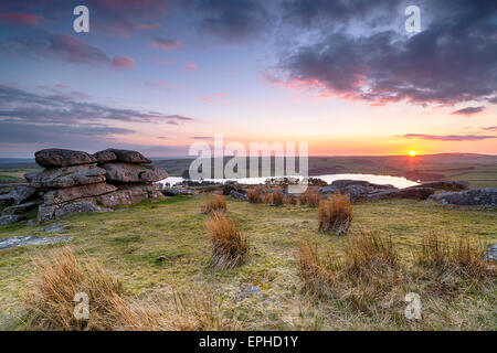 Sunset over Bodmin Moor in Cornwall, from Tregarrick Tor above Siblyback lake Stock Photo